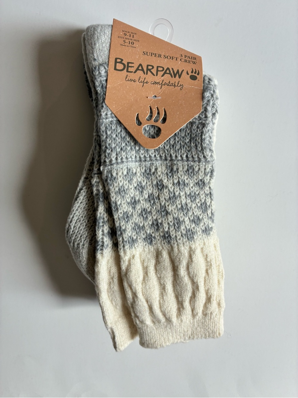 BearPaw Knit Crew Socks in Gray & Cream NWT Set of 3